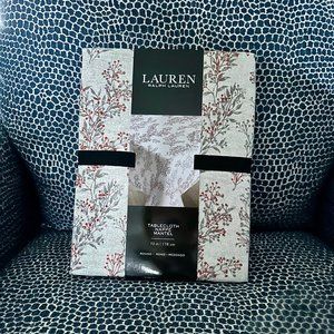 Lauren Ralph Lauren Christmas Tablecloth | Silver Leaf with Red Berries| 70 Inch